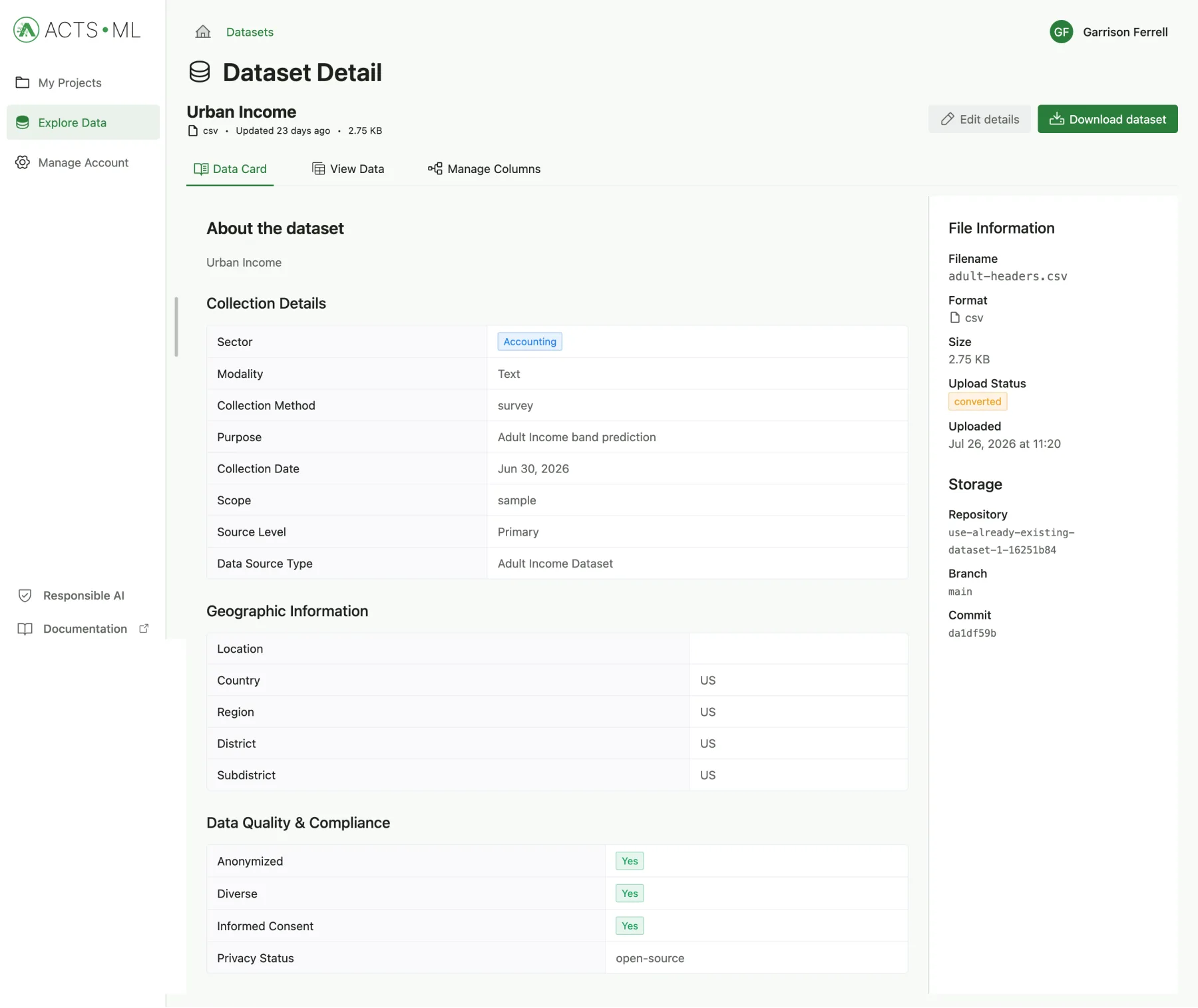 A Data Card in ACTS ML showing collection details, geographic information, and data quality and compliance fields such as anonymised and informed consent