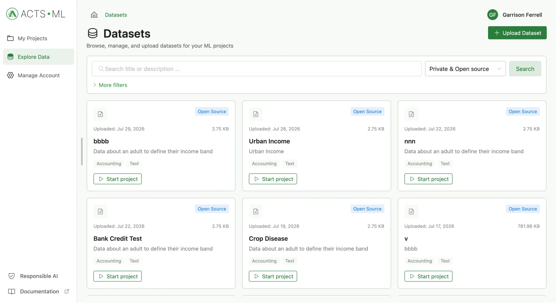Explore Data page listing open-source datasets with Start project buttons