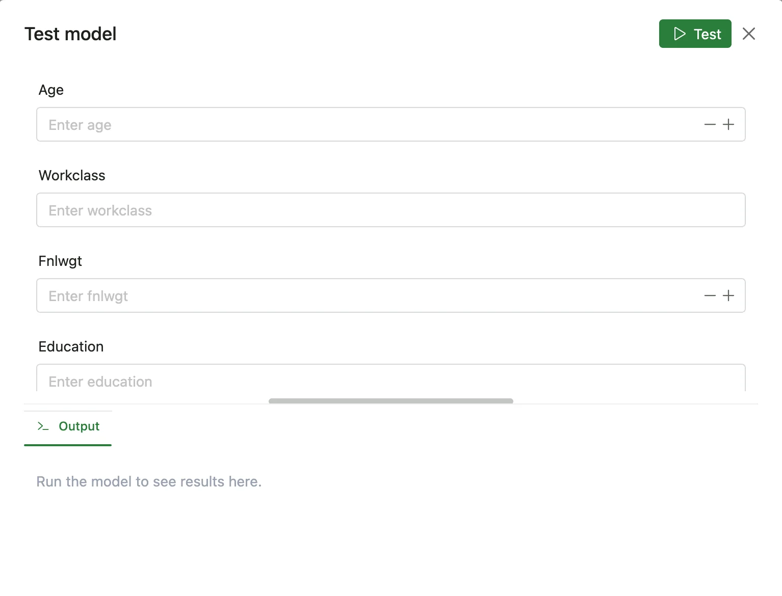 Test model dialog with one field per input column, a Test button and an output panel