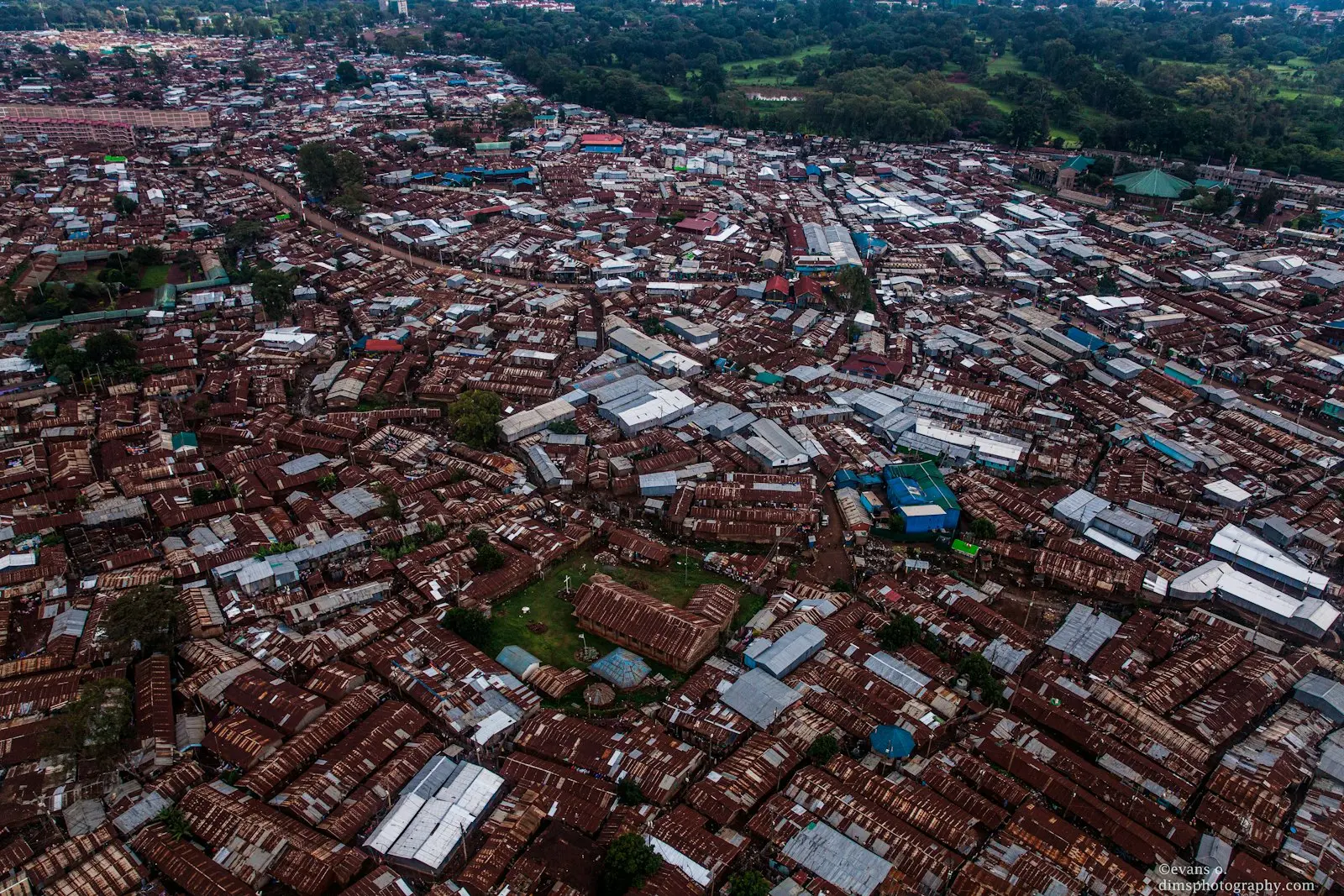 Aerial view of dense rooftops in Nairobi